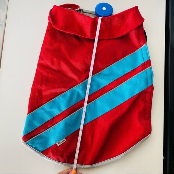 Red Blue Striped Grey Velcro Rain Coat Jacket Lined Leash Hole Collar Dog Puppy - Picture 7 of 11